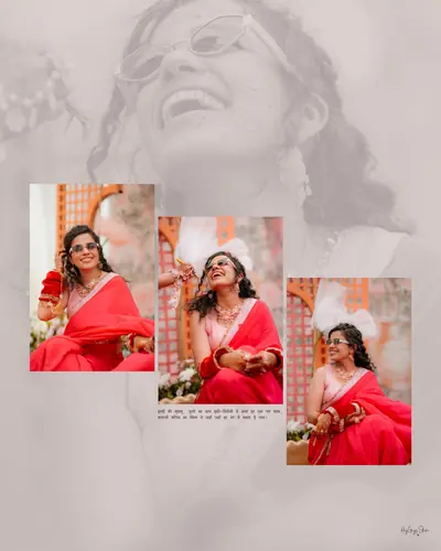 Album spread collaging portraits of a bride in a red saree with a soft background frame
