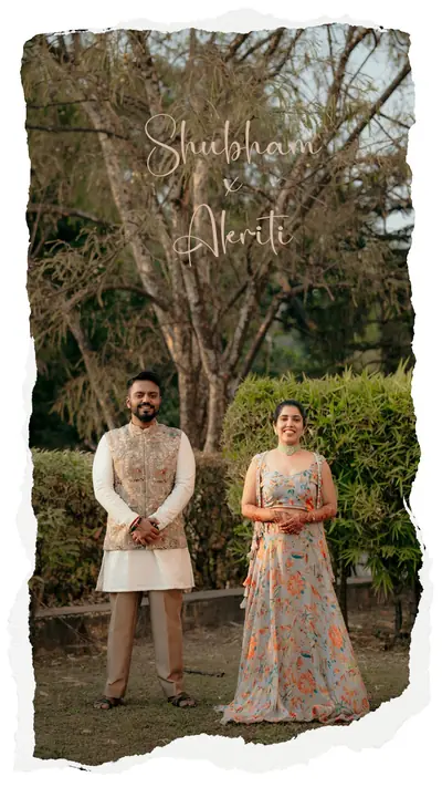 Wedding album cover spread with a torn-paper photo frame and calligraphed couple names