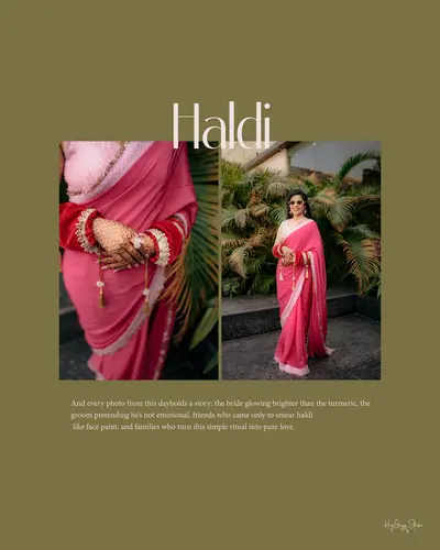 Album spread titled Haldi pairing two portraits with descriptive ceremony text