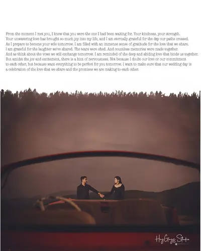 Album letter page pairing a handwritten-style note with a landscape couple portrait