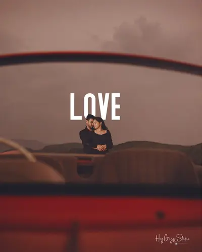 Album page of a couple beside a red vintage car with overlaid lettering