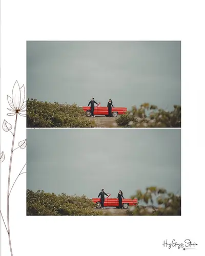 Two-panel album page of a couple with a red vintage car in an open landscape